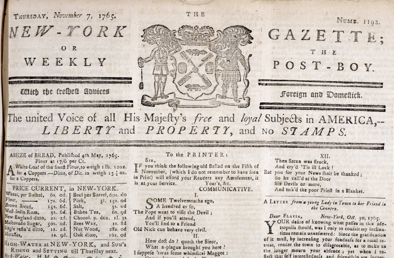 Nagłówek New York Gazette deklarujący sprzeciw wobec znaczków, wydrukowany 7 listopada 1765 (druk) autorstwa American School
