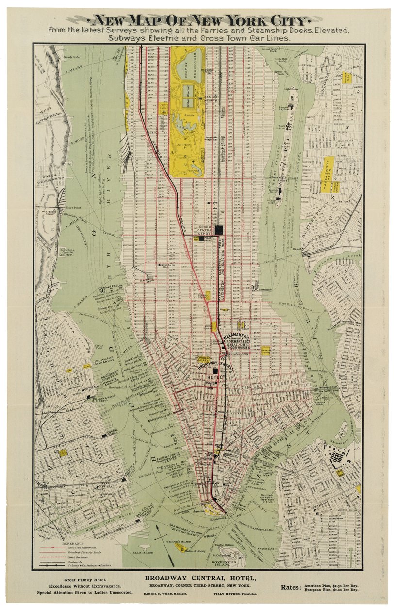 Nowa mapa Nowego Jorku z najnowszych badań pokazująca wszystkie doki promów i parowców, wzniesienia, metro elektryczne [sic] i linie przecinające miasto autorstwa American School