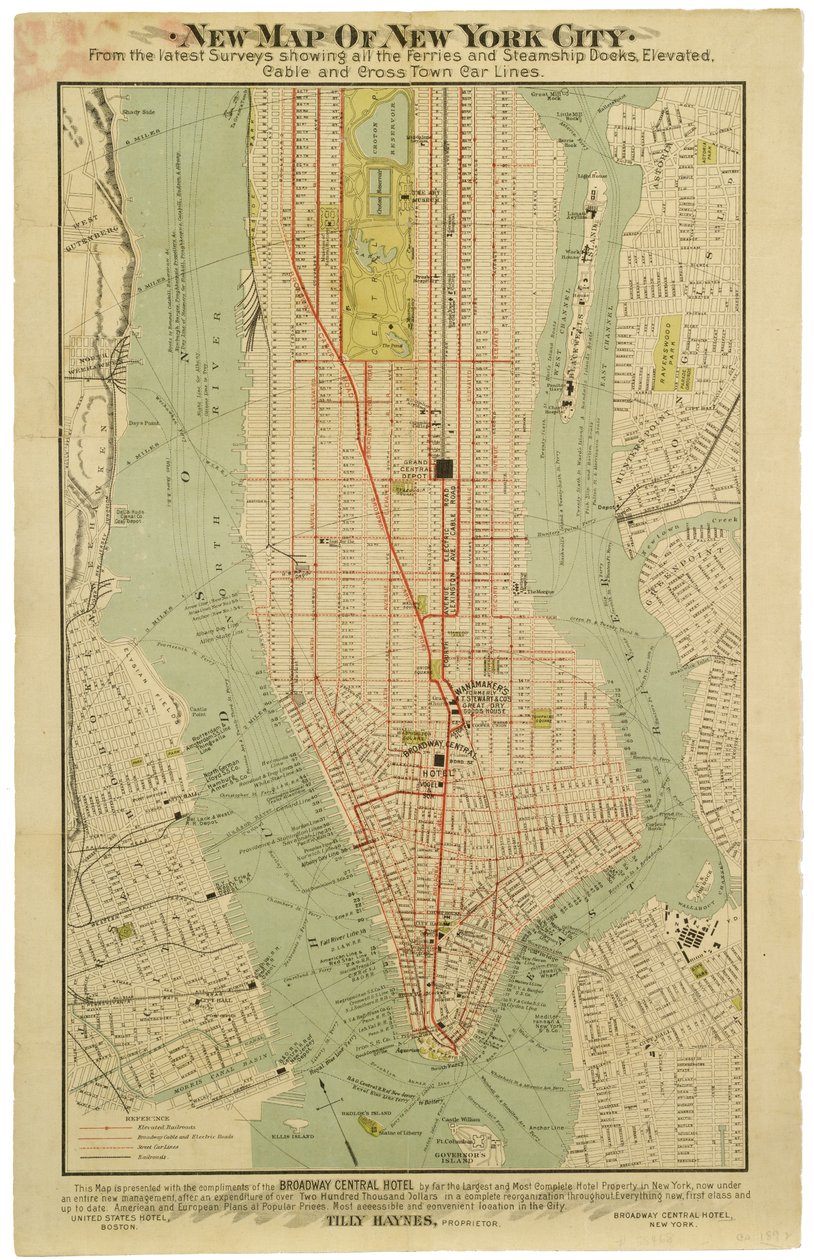 Nowa mapa Nowego Jorku z najnowszych badań pokazująca wszystkie doki promów i parowców, wzniesienia, metro elektryczne [sic] i linie przecinające miasto. autorstwa American School