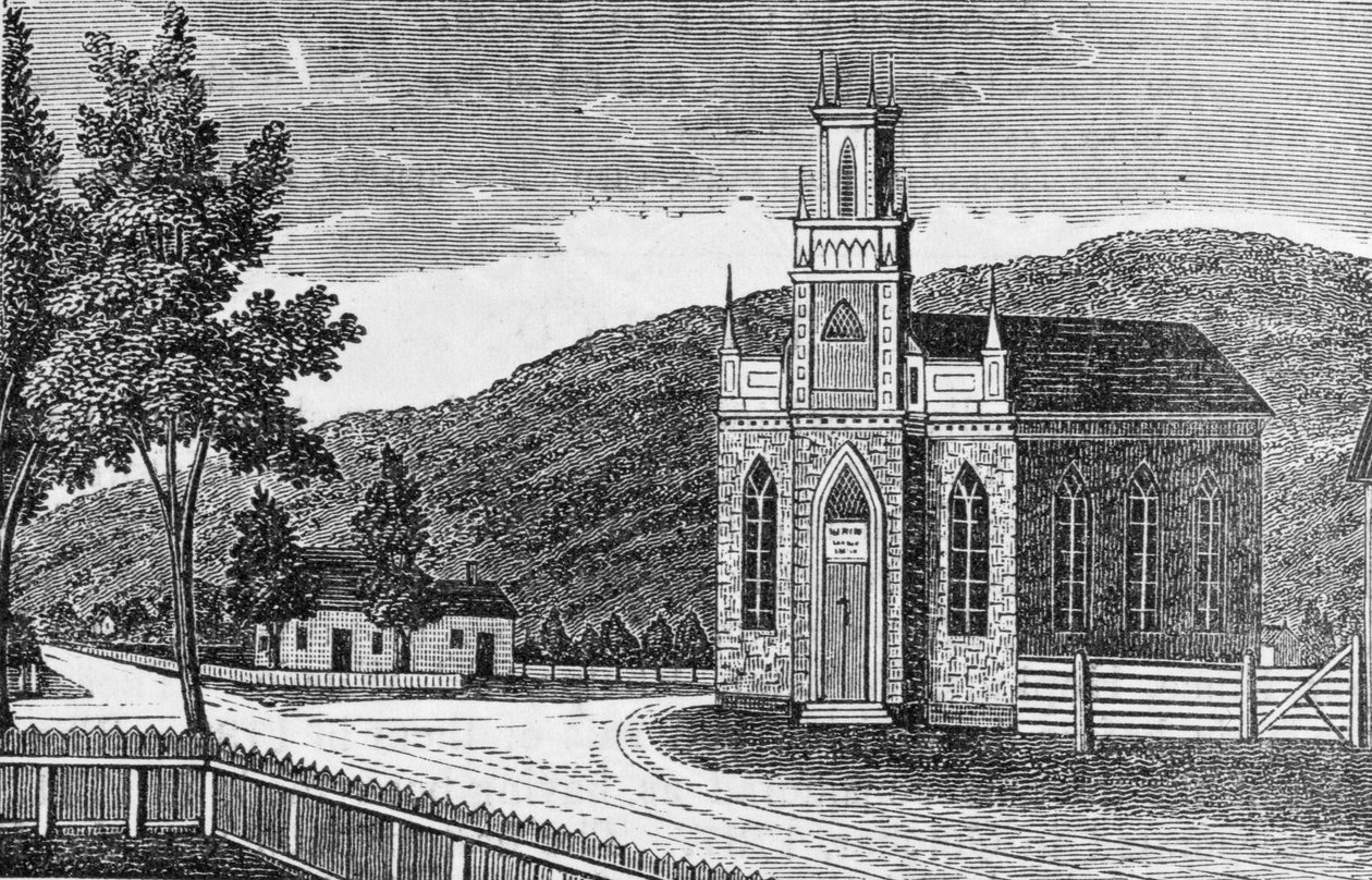 Widok na północno-wschodni kościół episkopalny w Kent, z „Zbiorów historycznych Connecticut”, autorstwa Johna Warnera Barbera, 1856 autorstwa American School
