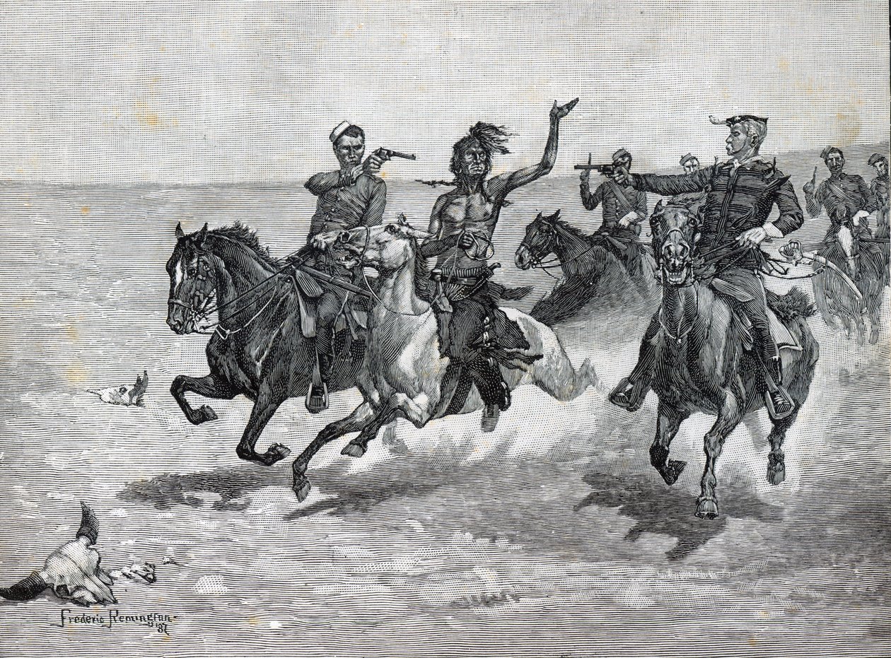 Policja konna północno-zachodnia „Aresztowanie mordercy Blackfeet” (litografia) autorstwa American School