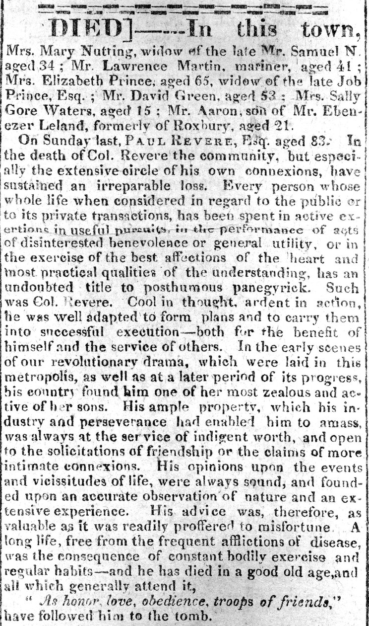 Strona nekrologu z Boston Intelligencer, 16 maja 1818 (druk) autorstwa American School