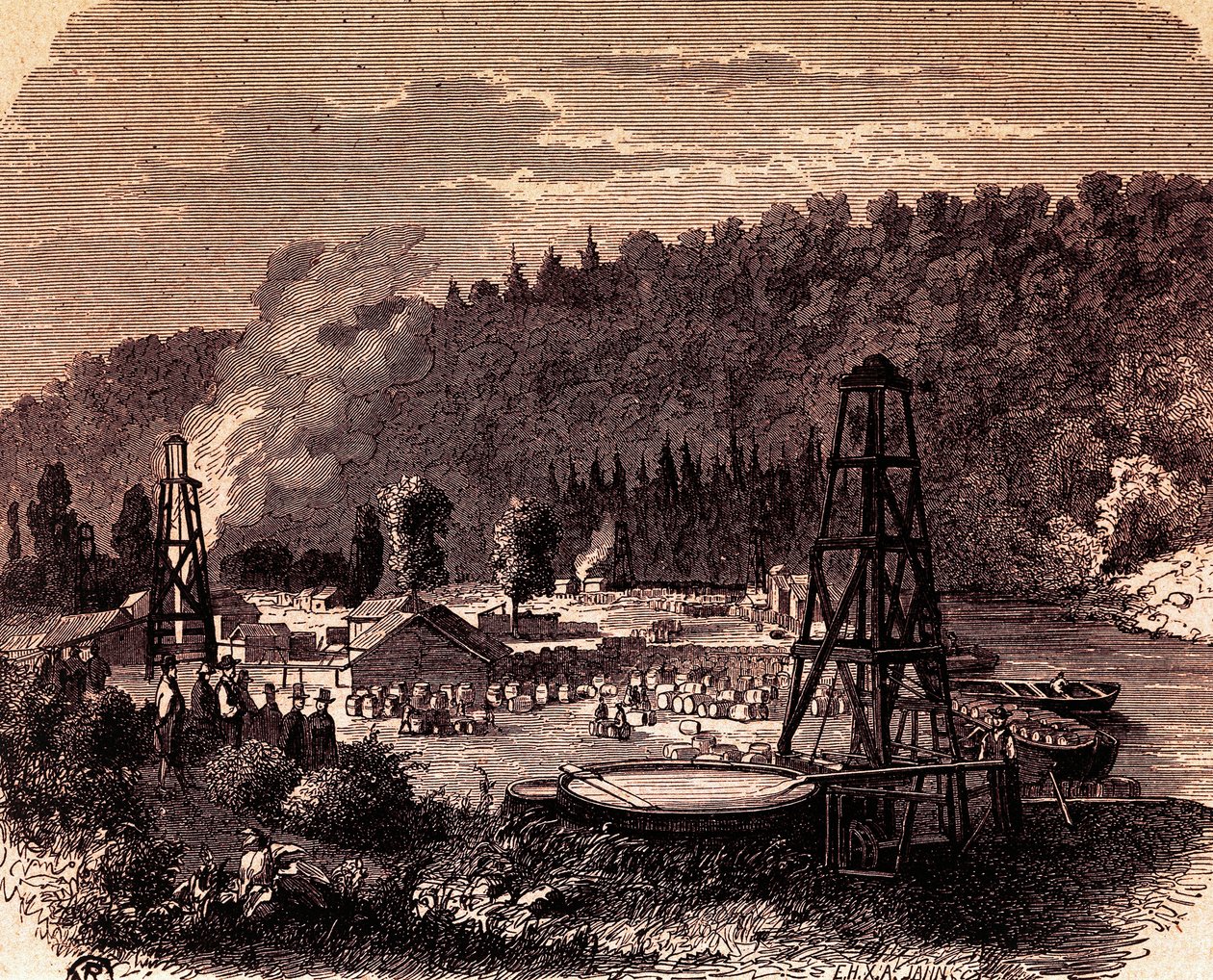 Pola naftowe w Titusville w Pensylwanii, z pierwszym odwiertem Derrick wynalezionym przez Edwina Laurentine Drake w 1859 r., grawerowanie, USA autorstwa American School
