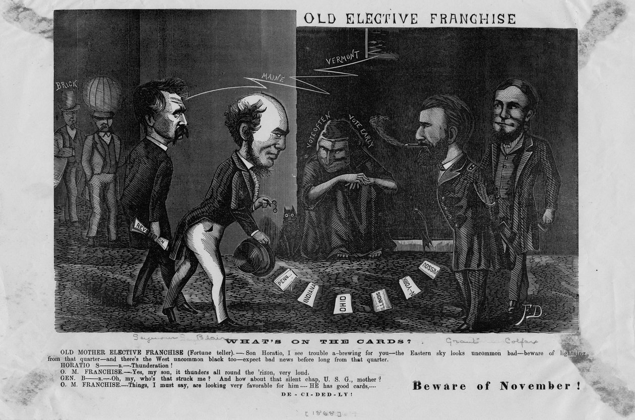 Stara elekcyjna franczyza, co jest na kartach? : uwaga na listopad!, ok. godz. 1868 autorstwa American School