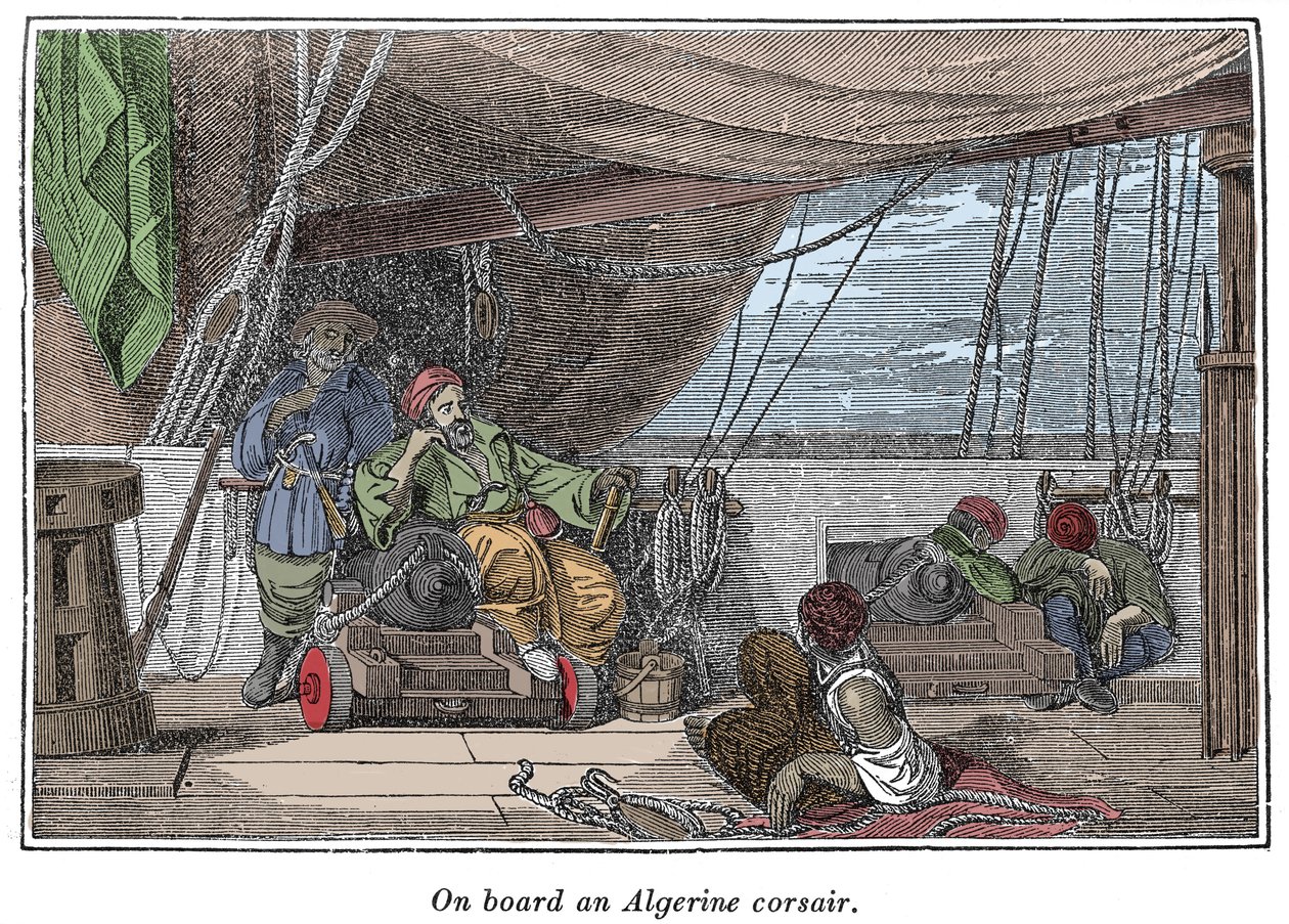 Na pokładzie statku algierskich piratów Ilustracja z „Własnej księgi piratów, autentyczne narracje najsłynniejszych rabusiów morskich” Charlesa Ellmsa, Boston 1837 autorstwa American School