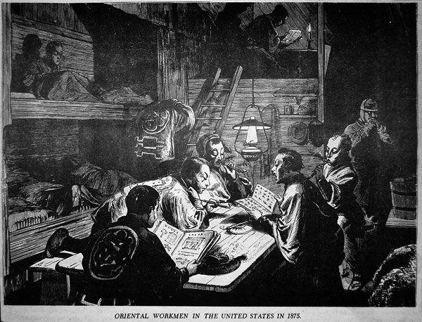 Orientalni (chińscy) robotnicy w Stanach Zjednoczonych w 1875 r. (lito) autorstwa American School