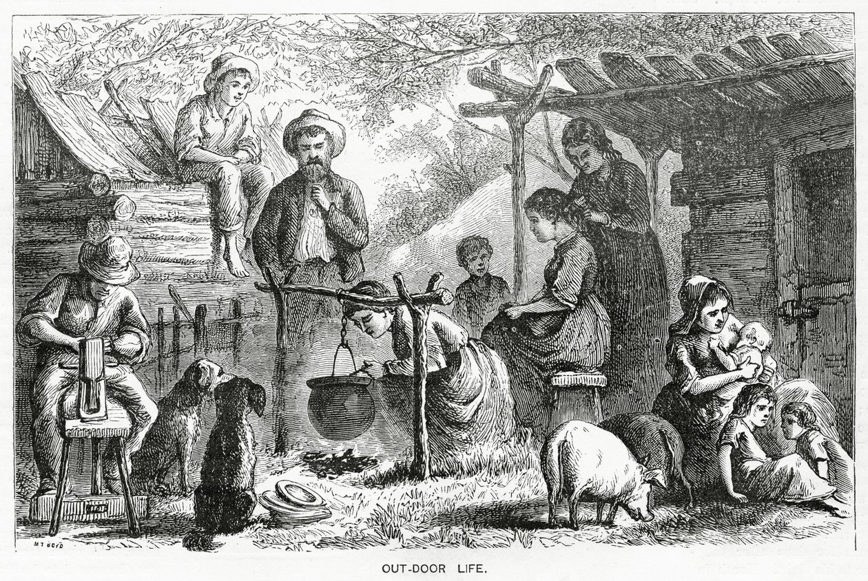 Życie w plenerze, ilustracja do opowiadania fabularnego, Społeczność wyrzutków, z Appletons Journal, 23 marca 1872 r. autorstwa American School