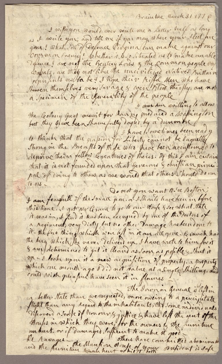 Strona 1, List Abigail Adams do Johna Adamsa, 31 marca - 5 kwietnia 1776 (tusz na papierze) autorstwa American School