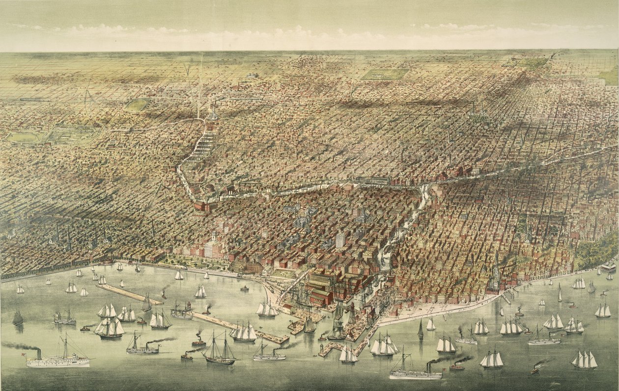 Panoramiczny widok miasta Chicago, wyd. 1892 (kolorowa litografia) autorstwa American School