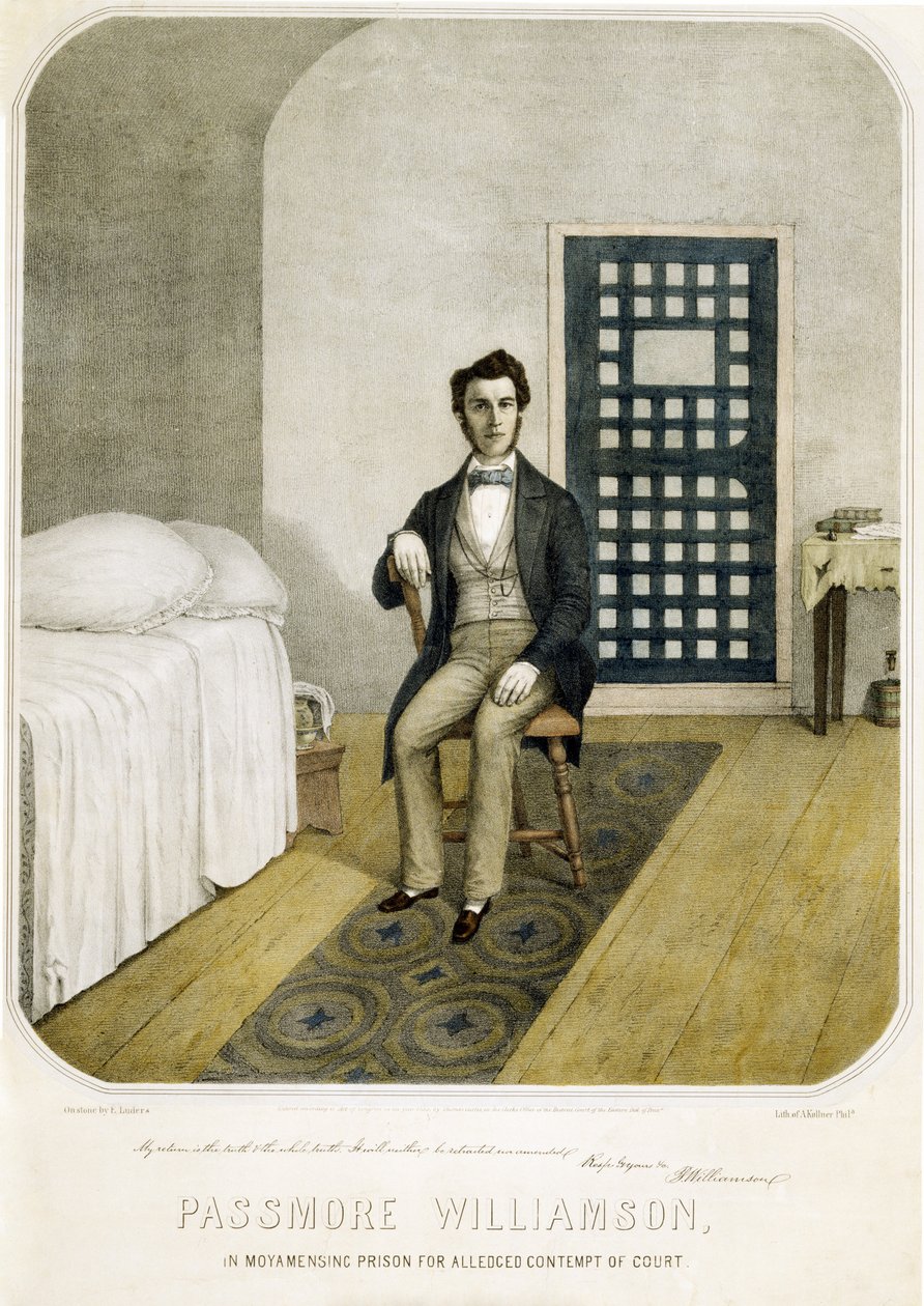 Passmore Williamson w więzieniu Moyamensing za rzekomą obrazę sądu, wyd. 1855 (kolorowa litografia) autorstwa American School