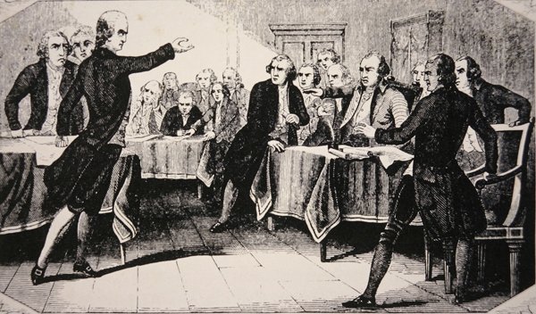 Patrick Henry przed Zgromadzeniem Wirginii w marcu 1775 (lito) autorstwa American School