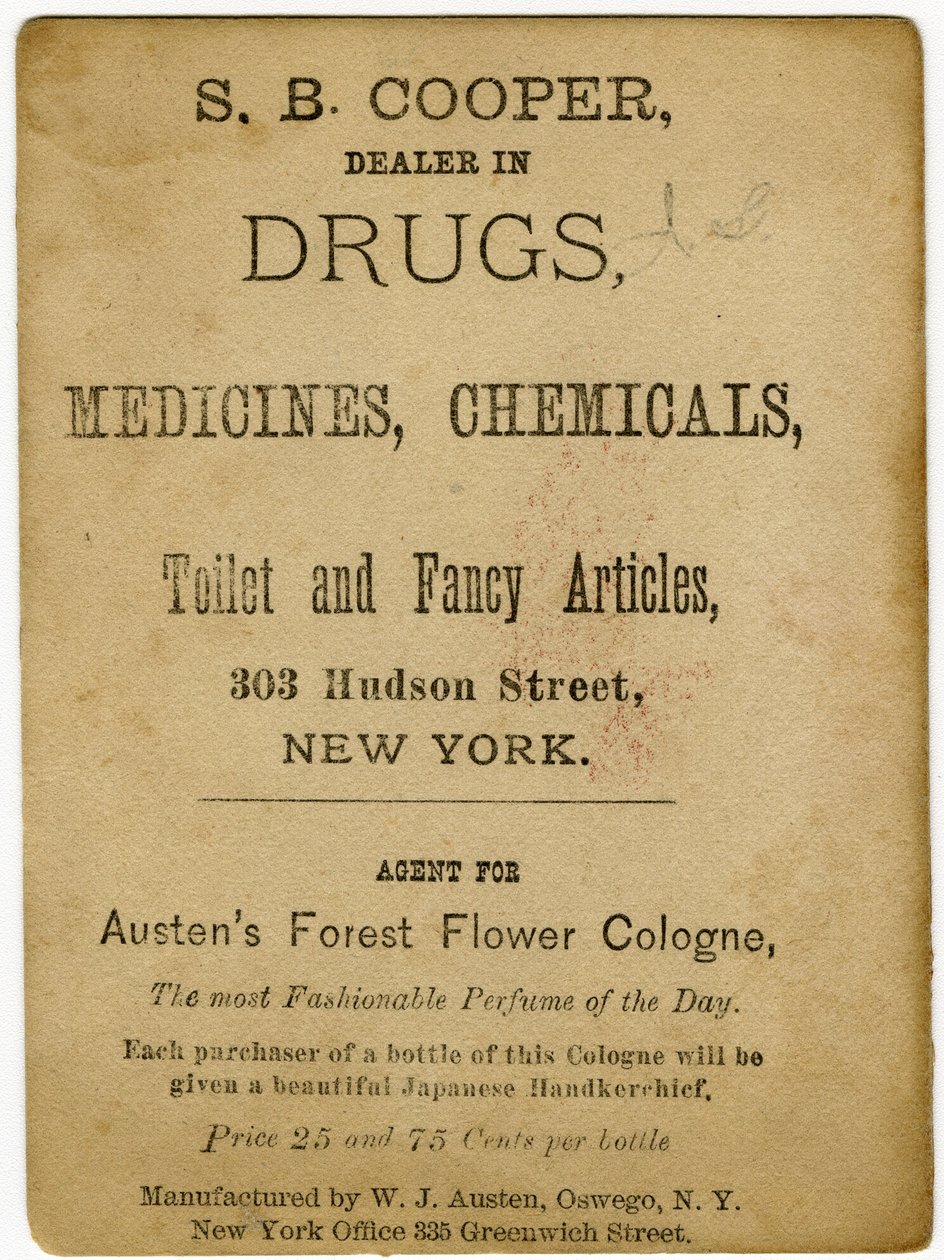 Perfumowane wodą kolońską Austens Forest Flower; S.B. Cooper, handlarz narkotyków? [karta handlowa verso] (odbitka) autorstwa American School