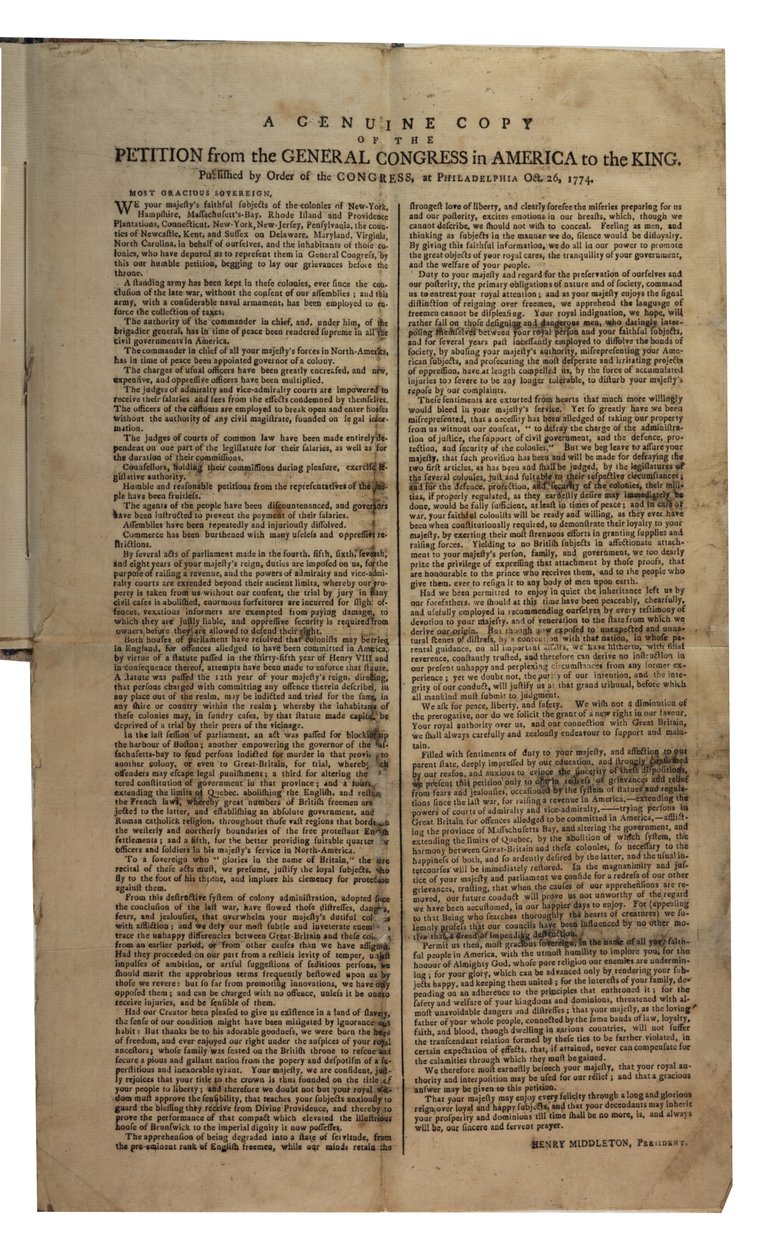 Petycja Kongresu Generalnego Ameryki do króla, Kongres Kontynentalny, 26 października 1774 r autorstwa American School