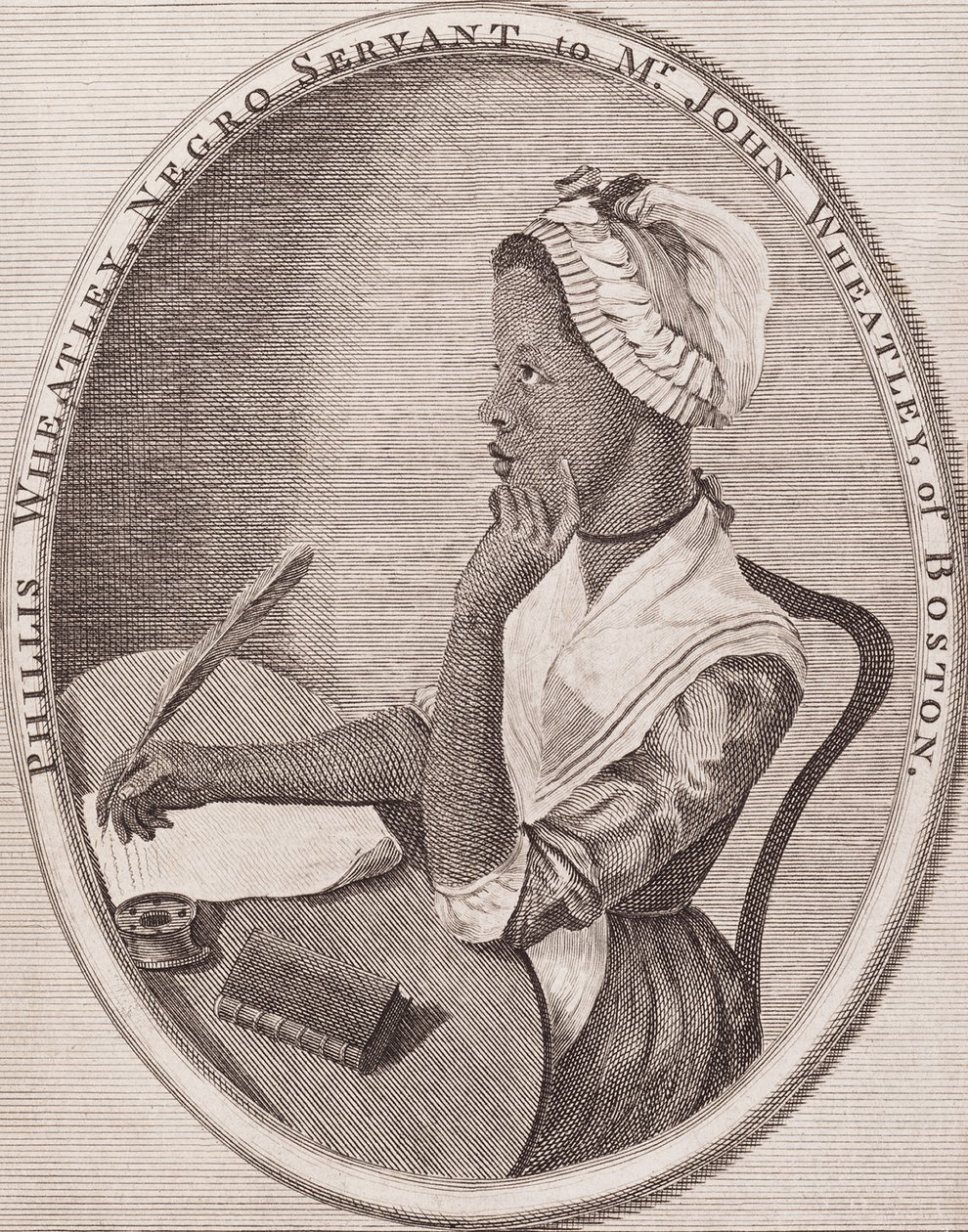 Philiis Wheatley (1753–1784). Afroamerykańska poetka. Grawerowany frontispis do jej „Poems” („Wierszy”), 1773 r. autorstwa American School