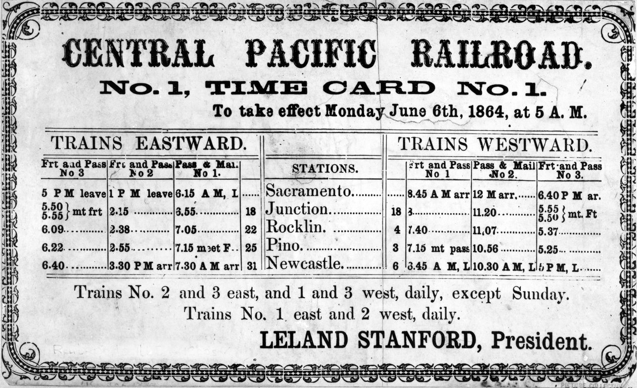Odbitka fotograficzna oryginalnego rozkładu jazdy Central Pacific Railroad Companys na dzień 6 czerwca 1864 r. 1864 r autorstwa American School