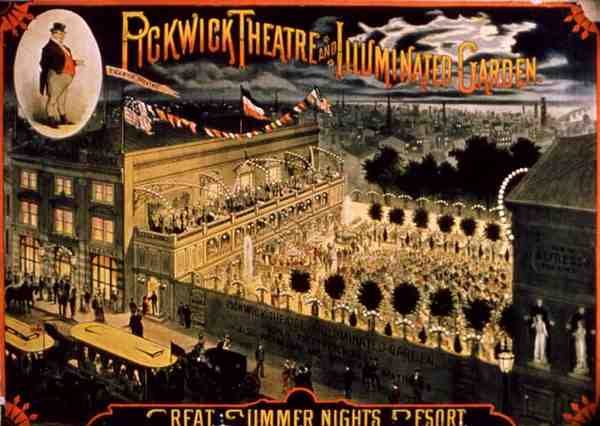 „Pickwick Theatre Illuminated Garden” (kolor litograficzny) autorstwa American School