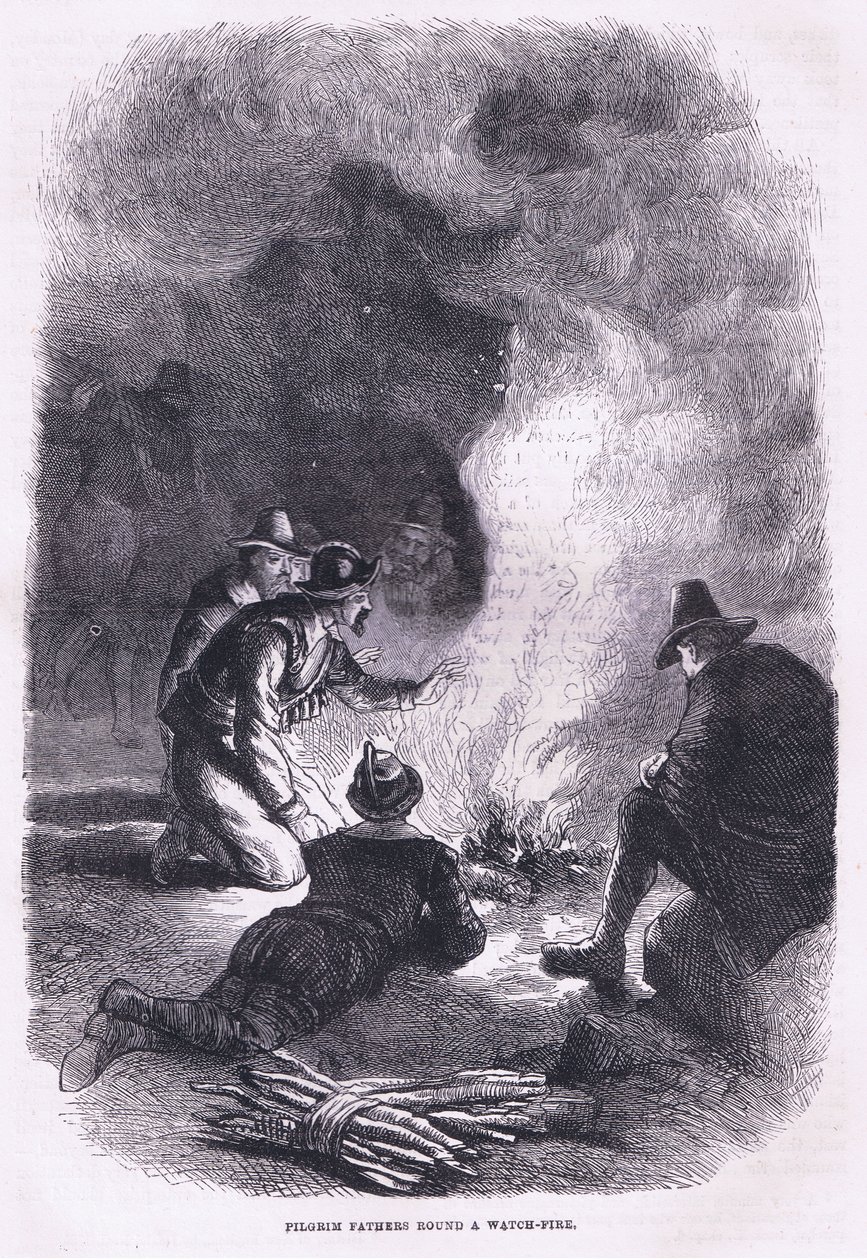Ojciec Pielgrzym przy ognisku, ilustracja z pubu Cassell
