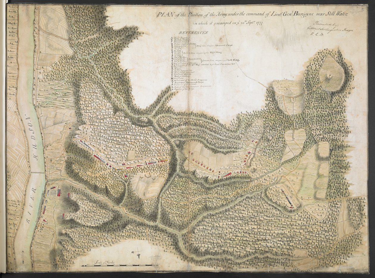 Plan Pozycji Armii pod dowództwem por. Gen. Burgoyne w pobliżu Spokojnej Wody, w której obozował na was. 20 września 1777 autorstwa American School