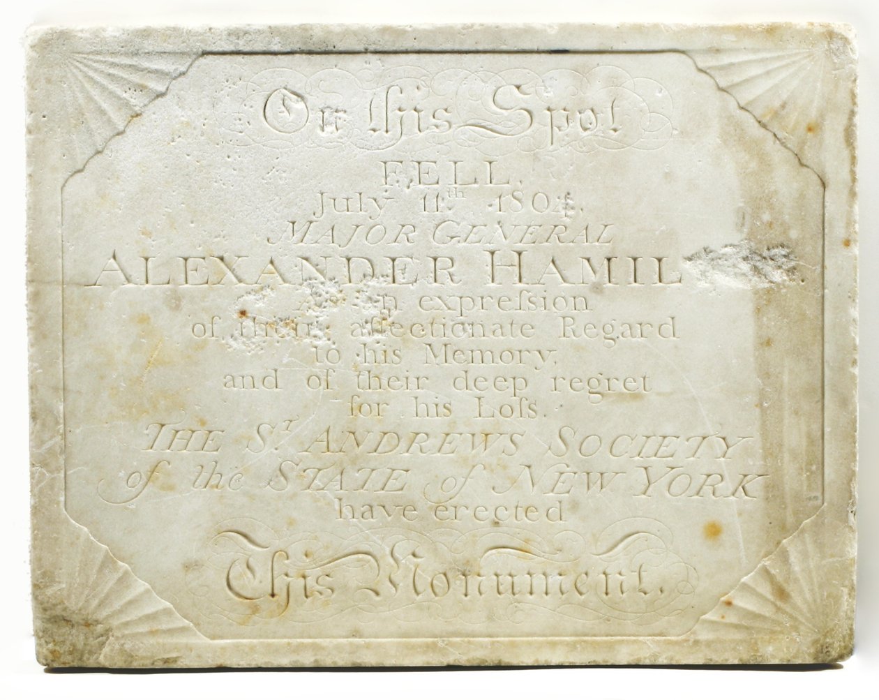 Tablica na cenotaf na miejscu śmiertelnie rannego Aleksandra Hamiltona podczas pojedynku z Aaronem Burrem, ok. 1805 (marmur) autorstwa American School