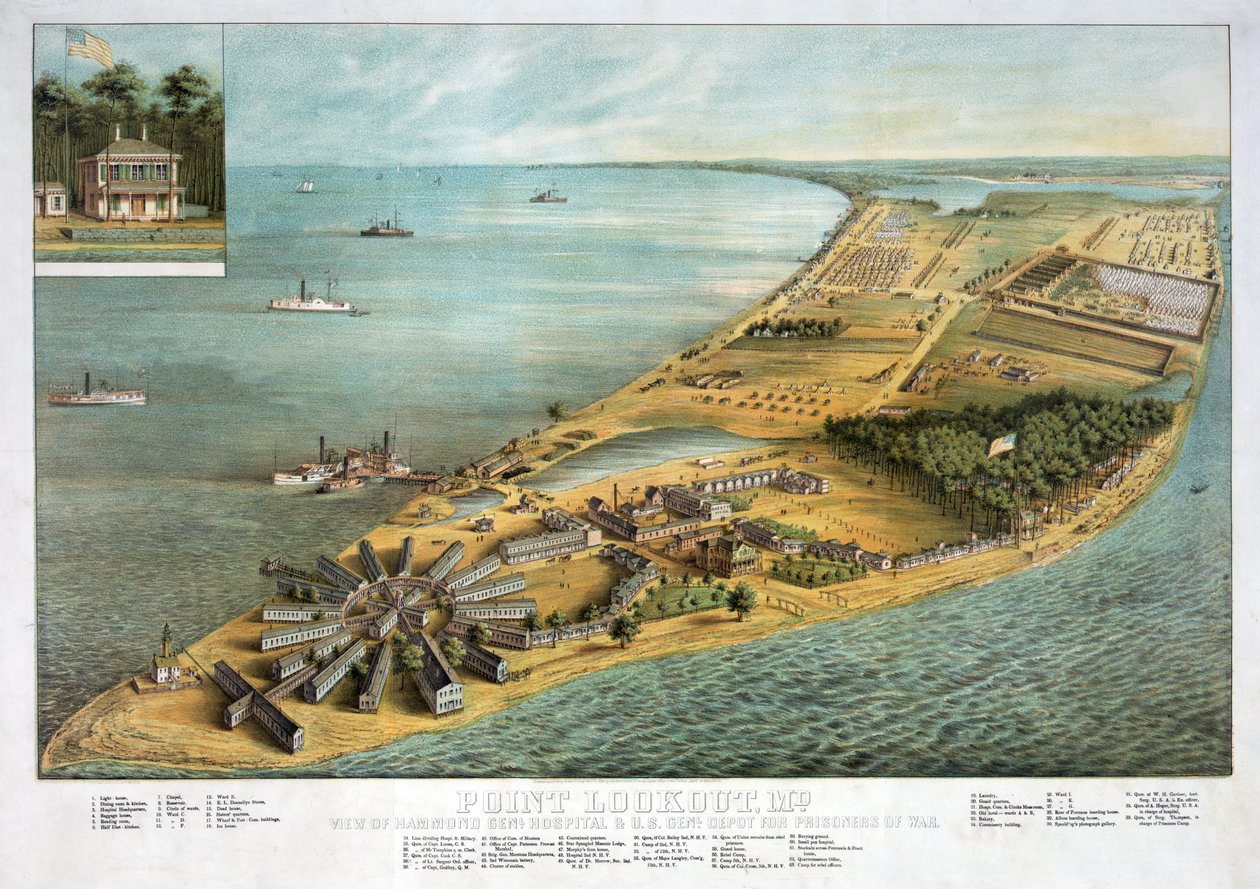 Point Lookout, MD - widok na Hammond General Hospital i U.S. General Depot for Prisoners of War, pub. 1864 autorstwa American School