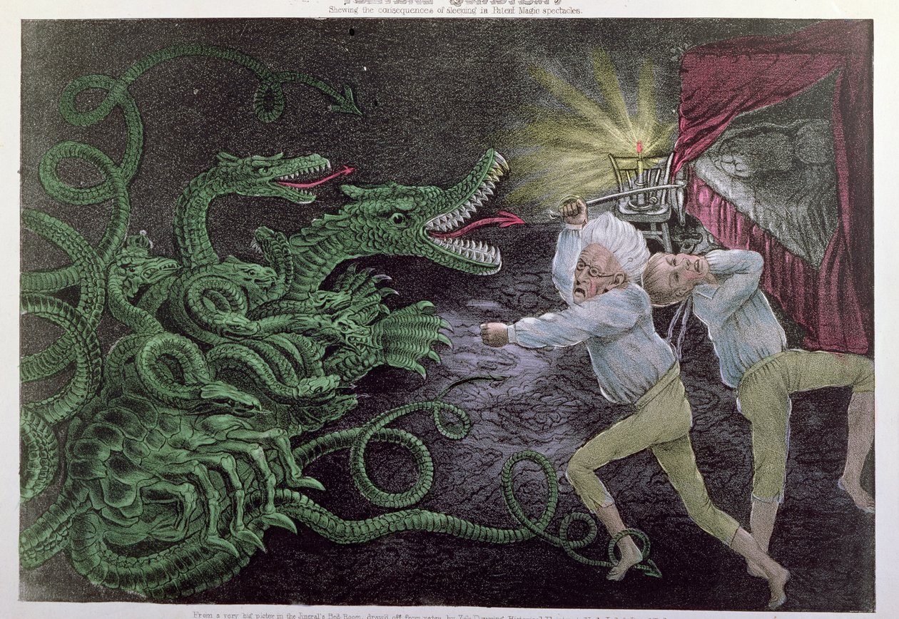 Polityczny donkiszotyzm: The Diplomatic Hercules atakujący polityczną Hydrę, opublikowany przez Bisbee, c.1833 autorstwa American School