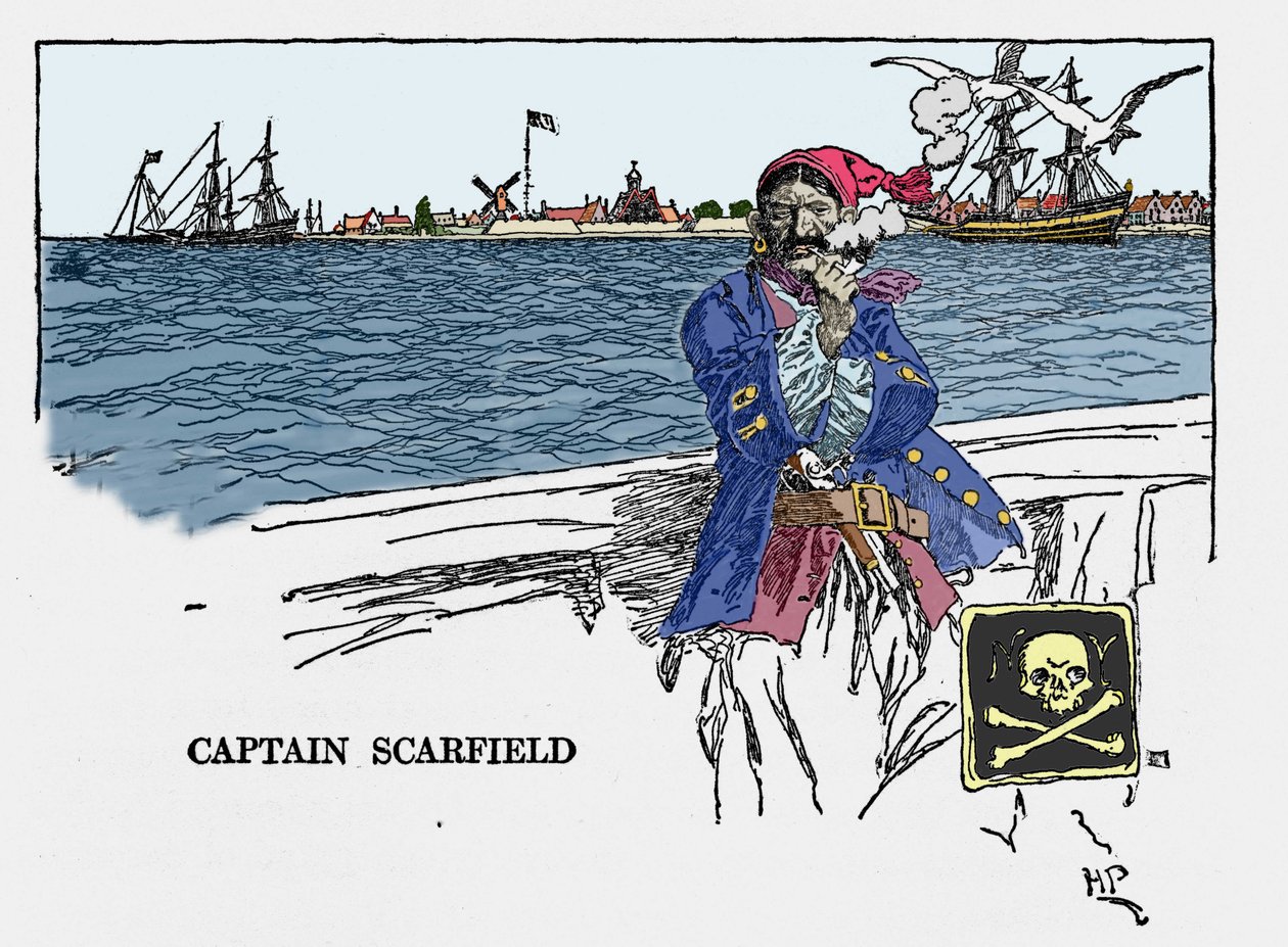 Portret kapitana Scarfielda: „”Księga piratów Buccaneers and Marooners of the Spanish Main”” autorstwa Howarda Pyle