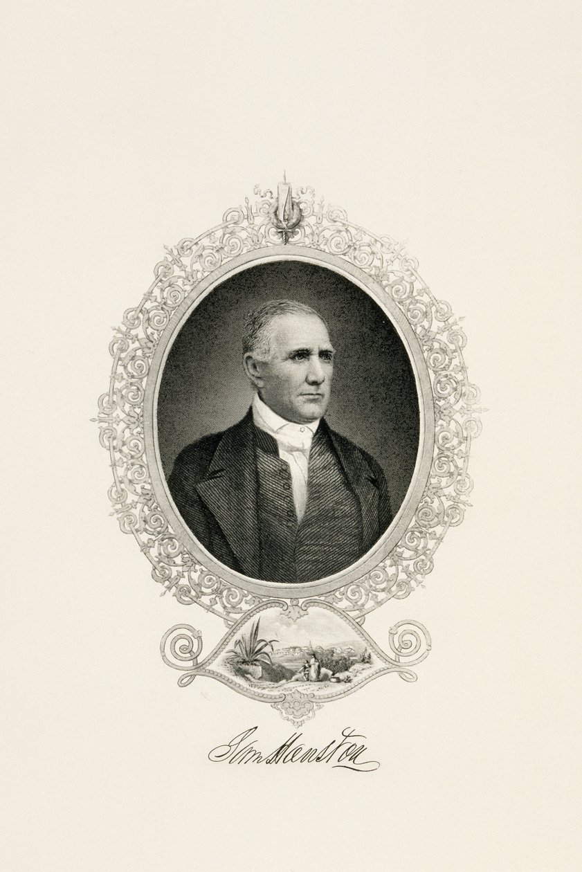 Portret Sama Houstona z widokiem na miasto, ca. 1855-c. 1860 (stalowy grawerunek na papierze tkanym) autorstwa American School