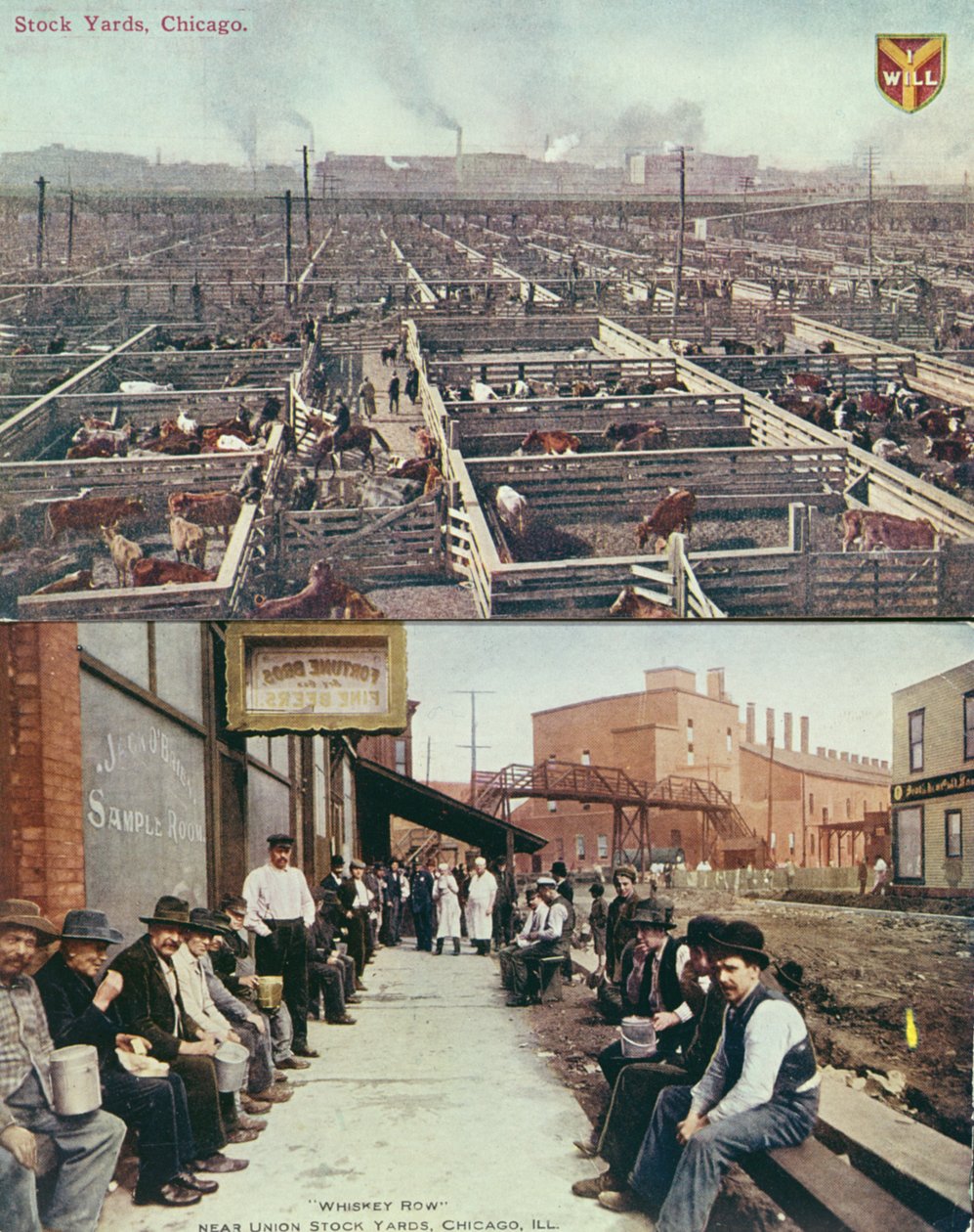 Pocztówka przedstawiająca składy towarowe i rzeźnie w Chicago oraz robotników z wiaderkami na lunch podczas przerwy w Whisky Row, ok. 1910 (kolorowe zdjęcie) autorstwa American School