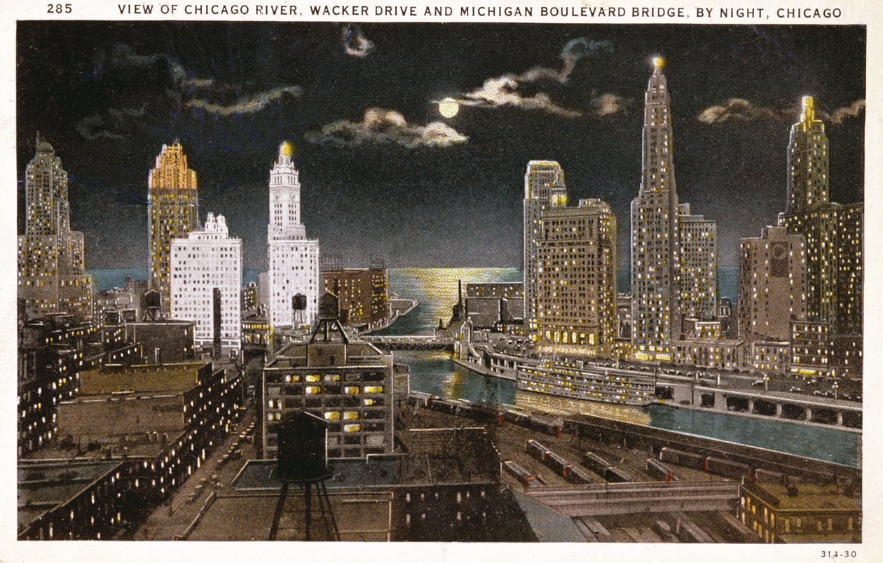 Pocztówka z Chicago nocą, ok. 1930 autorstwa American School