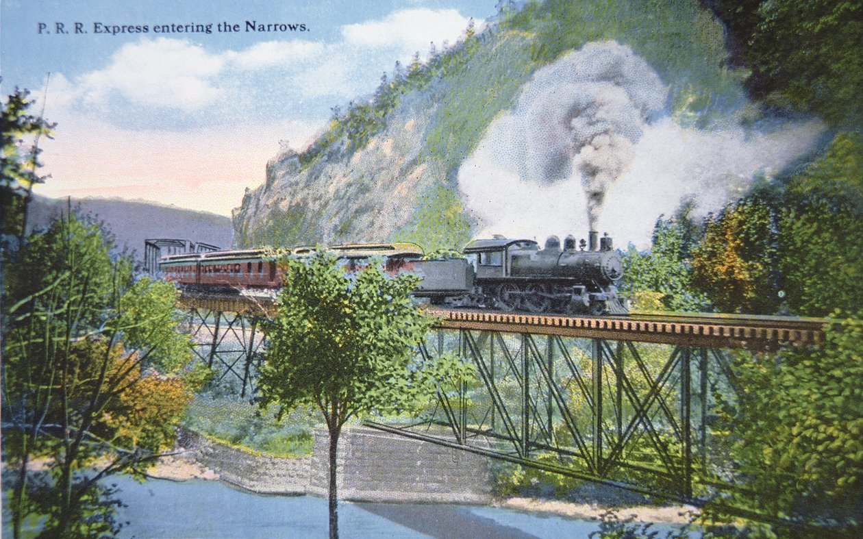 Pocztówka z Pennsylvania Railroad Express wjeżdżającego do Narrows w Cumberland, Maryland, ok. 1910 (kolor lito) autorstwa American School
