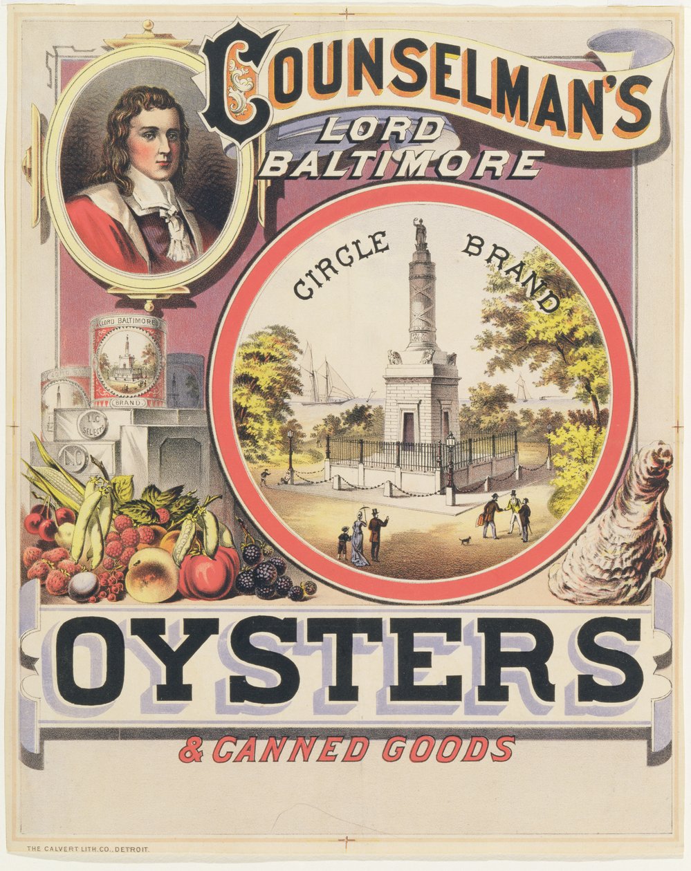 Plakat reklamujący Ostrygi i Konserwy marki Counselmans Lord Baltimore Circle autorstwa American School