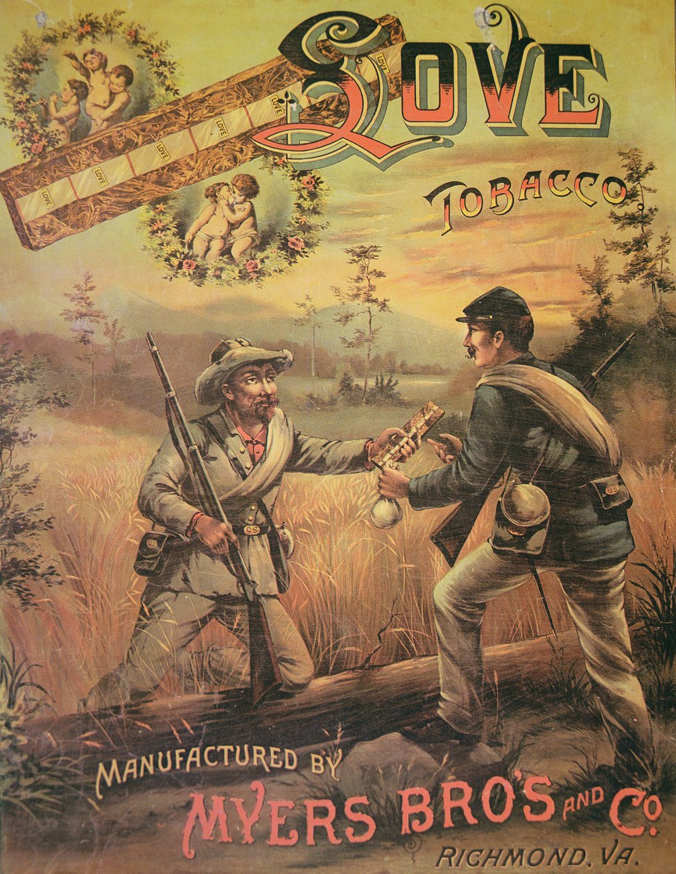 Plakat reklamujący „Love Tobacco” wyprodukowany przez Myers Bros. & Co., Richmond, Virginia autorstwa American School