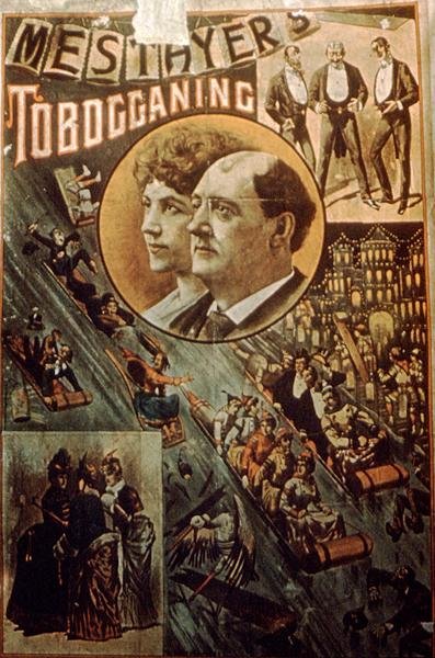 Plakat reklamujący "Mesthyers Toboganning" (litografia kolorowa) autorstwa American School