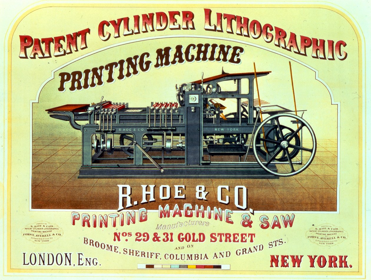 Plakat reklamujący Patent Cylinder Litographic Printing Machine, R. Hoe & Co., Londyn i Nowy Jork autorstwa American School