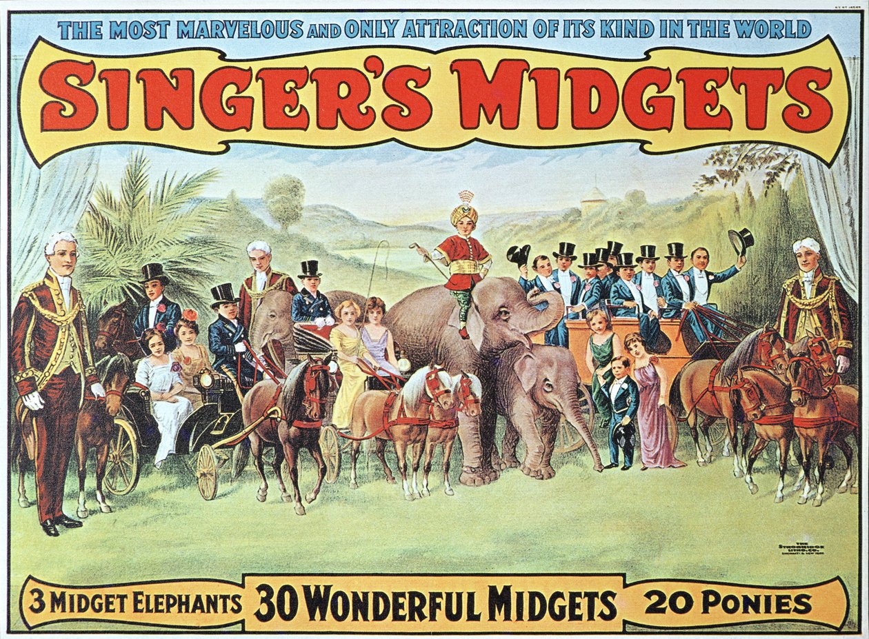Plakat reklamujący karły Singera, ok. 1915 (kolor lito) autorstwa American School