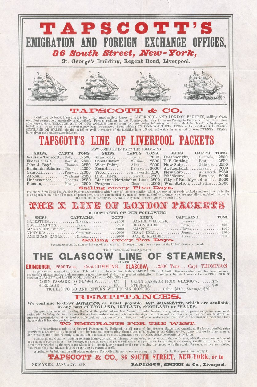 Plakat reklamujący Tapscotts Emigration and Foreign Exchange Offices, Nowy Jork, styczeń 1859 autorstwa American School