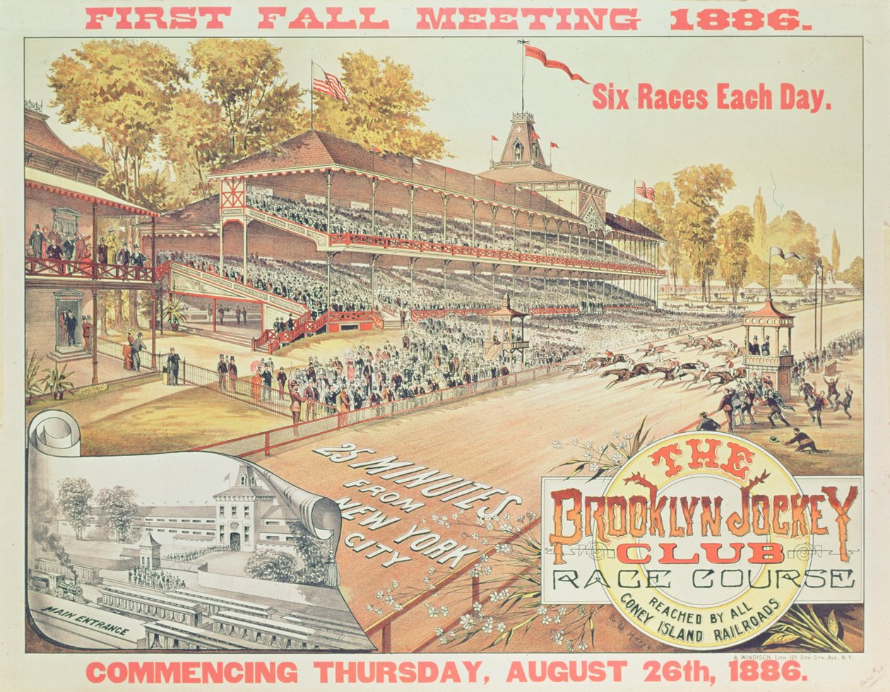 Plakat reklamujący tor wyścigowy Brooklyn Jockey Club, 1886 r. autorstwa American School