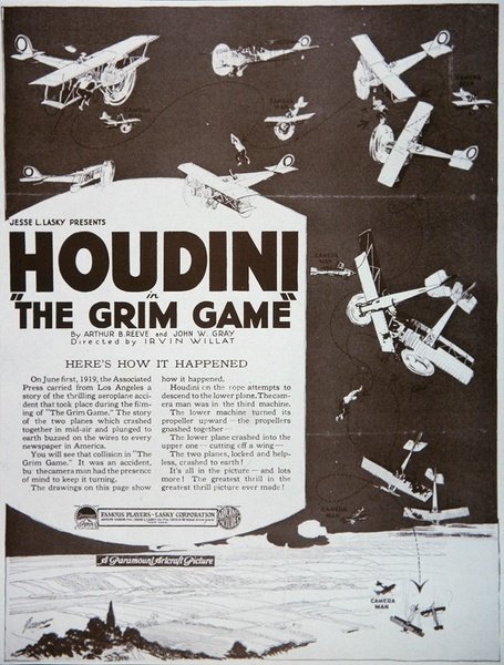 Plakat reklamujący „The Grim Game” z Houdini . w roli głównej autorstwa American School