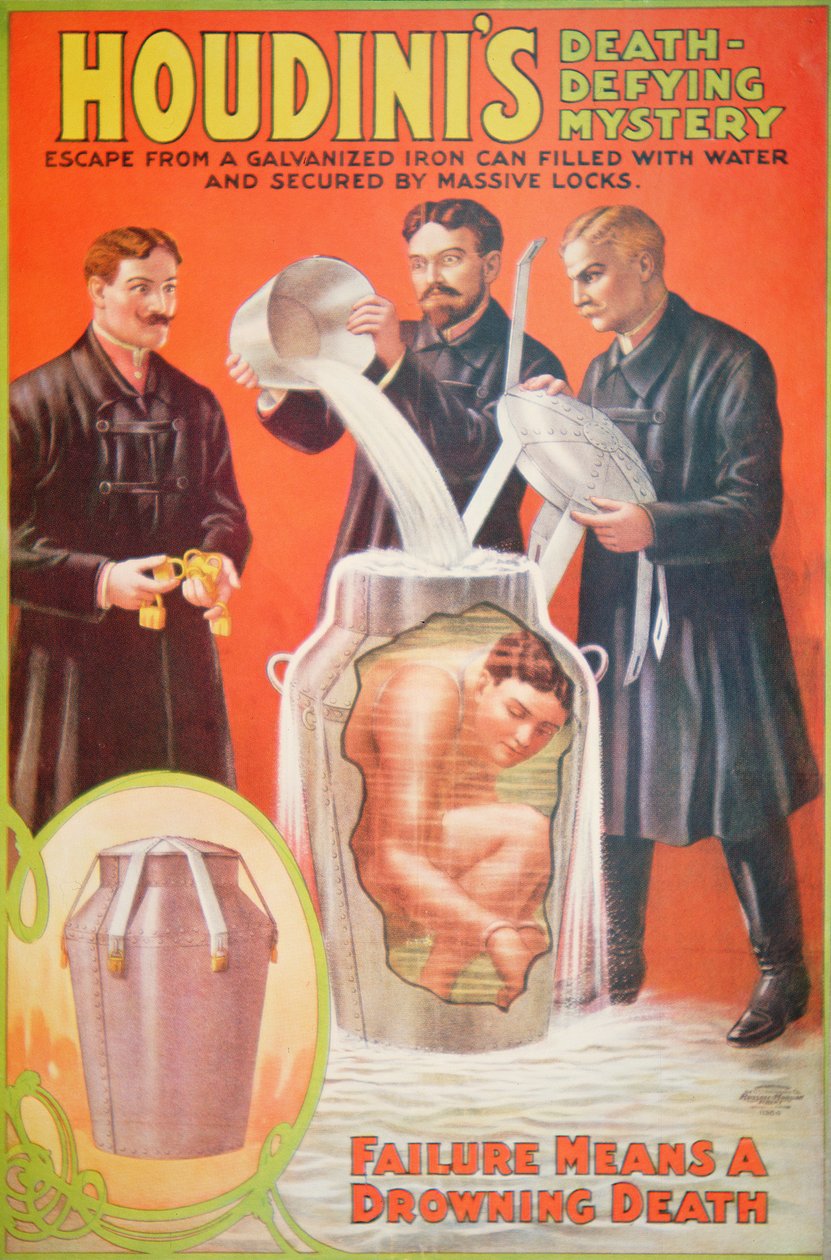 Plakat reklamujący nowy akt Houdiniego (kolor litho) autorstwa American School