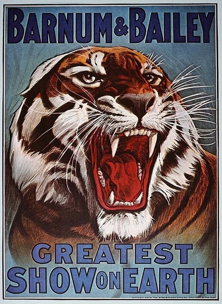 Plakat reklamujący „Barnum & Bailey Greatest Show on Earth”, ok. 1910 (kolor lito) autorstwa American School