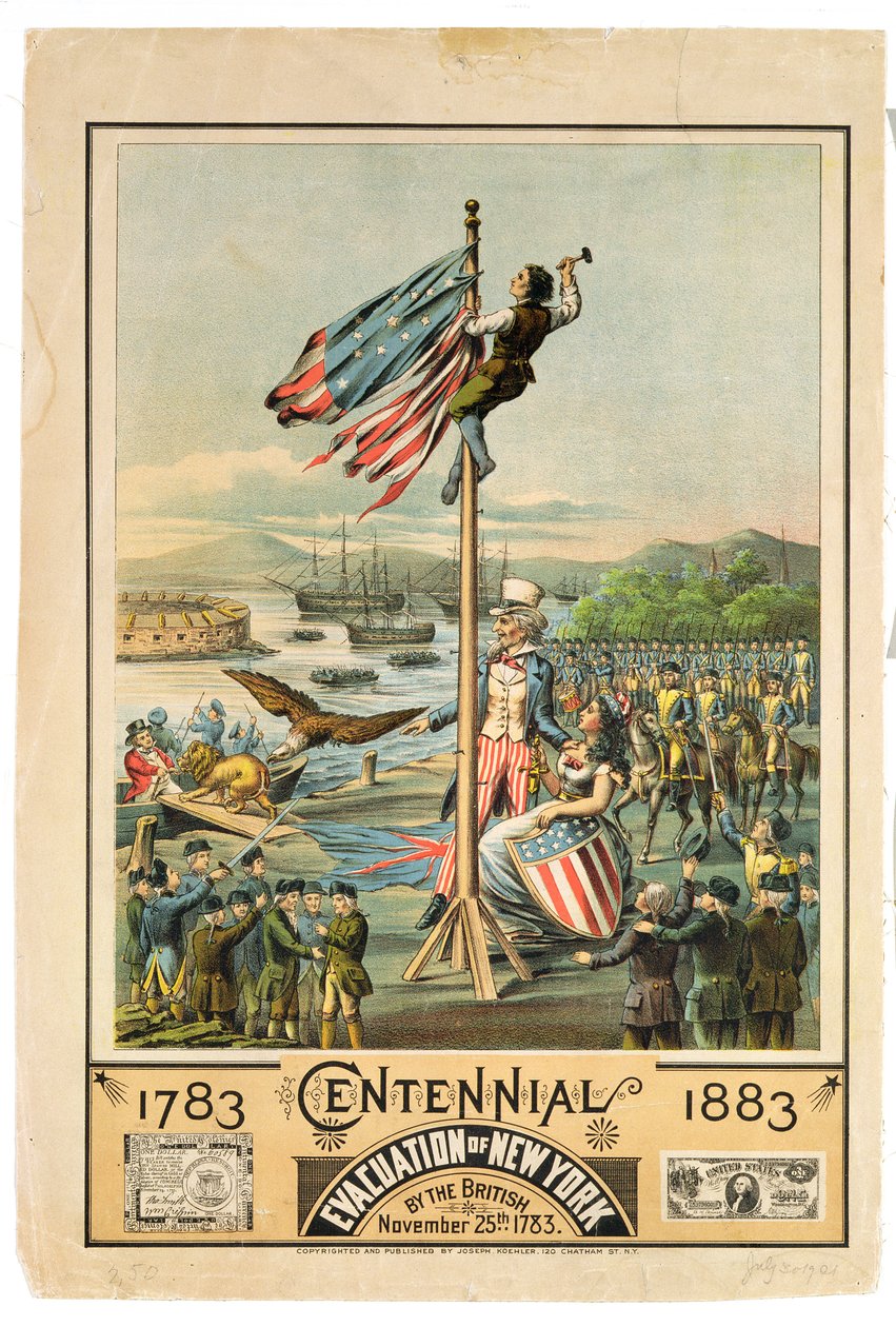 Plakat reklamujący stulecie ewakuacji Nowego Jorku przez Brytyjczyków 25 listopada 1783, 1883 r. autorstwa American School
