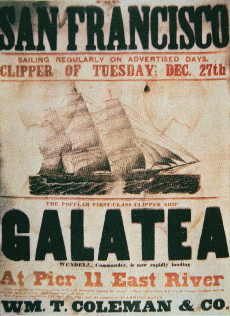 Plakat reklamujący trasę statku kliprowego „Galatea” z Nowego Jorku do San Francisco, ok. 1855 (kolor lito) autorstwa American School