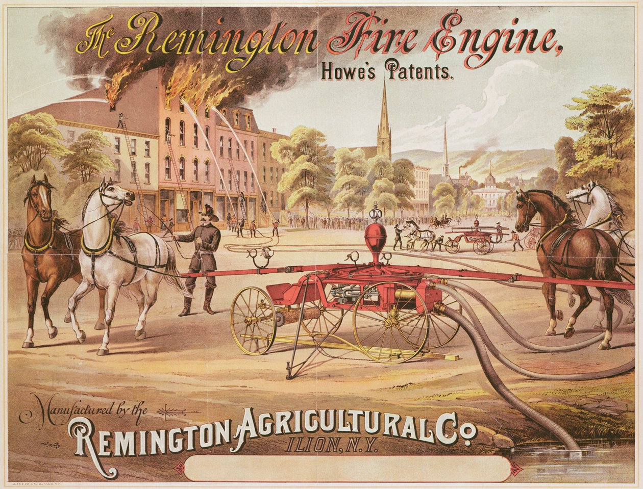 Plakat reklamujący Remington Fire Engine wyprodukowany przez Remington Agricultural Company, c.1890 autorstwa American School