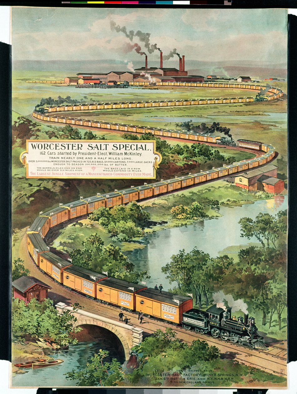 Plakat reklamujący Worcester Salt Special, 162 samochody rozpoczęte przez prezydenta-elekta McKinleya, 1897 autorstwa American School