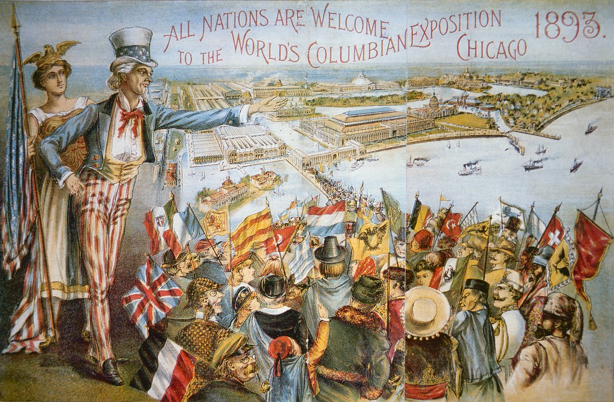 Plakat reklamujący Światową Wystawę Kolumbijską, Chicago 1893 (kolor lito) autorstwa American School