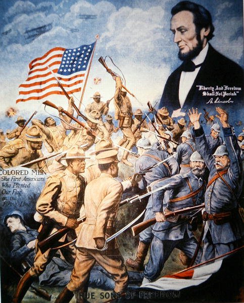 Plakat upamiętniający bohaterstwo żołnierzy afroamerykańskich podczas I wojny światowej (kolor lito) autorstwa American School