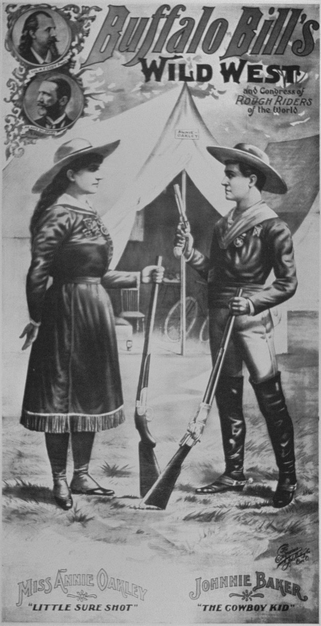 Plakat do Buffalo Billa (1846-1917) Wild West Show, z udziałem Annie Oakley (1860-1926) i Johnnie Baker „The Cowboy Kid” autorstwa American School