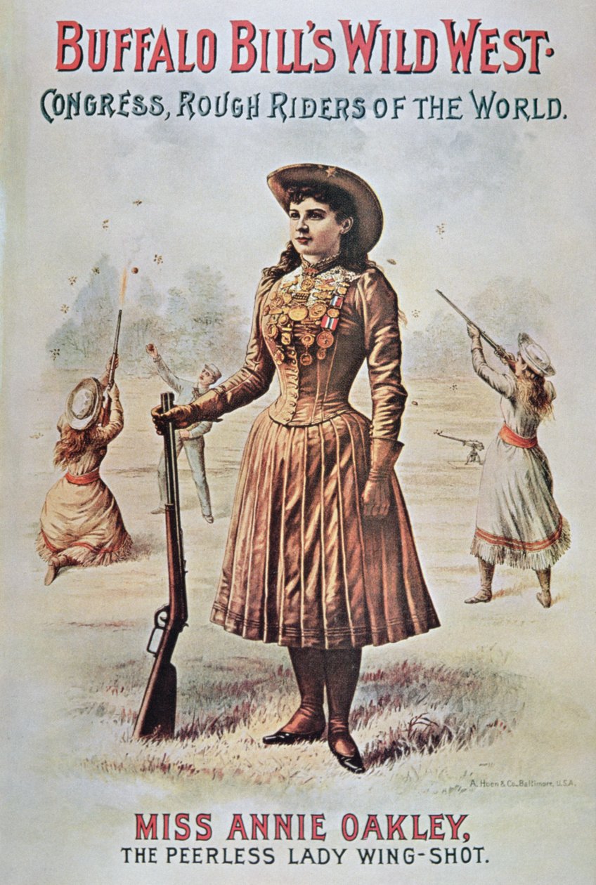 Plakat z pokazu Buffalo Billa (1846-1917) na Dzikim Zachodzie, z udziałem Annie Oakley (1860-1926) ok. 1899 (litografia kolorowa) autorstwa American School