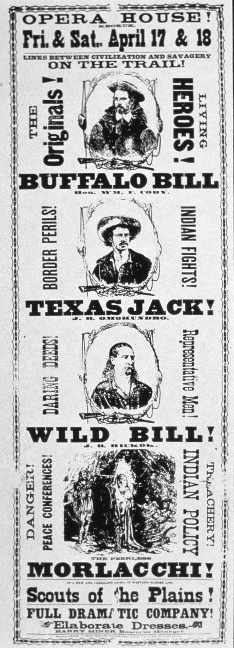 Plakat do sztuki „Skauci równin”, z udziałem Buffalo Bill (1846-1917) Texas Jack (1846-79) i Wild Bill Hickok (1837-76) 1873 (druk) autorstwa American School
