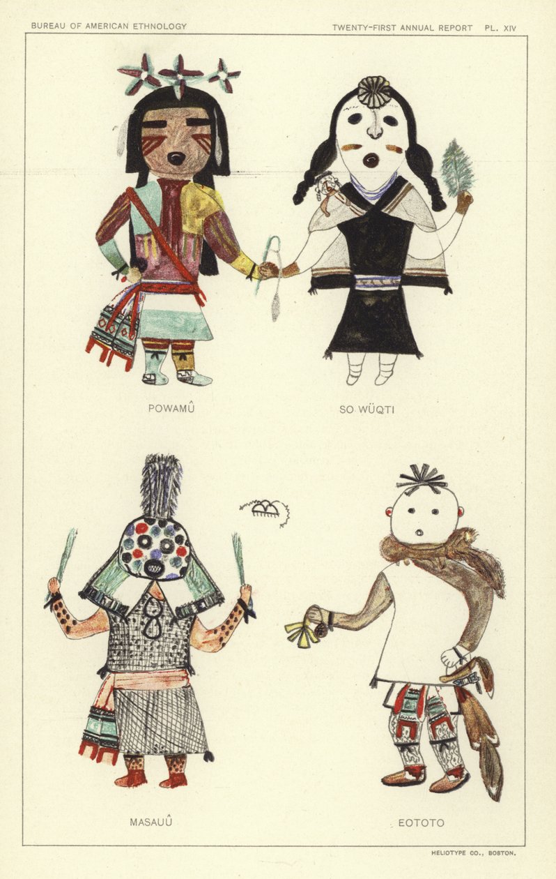Powamu, So Wuqti, Masauu, Eototo (kolorowa litografia) autorstwa American School
